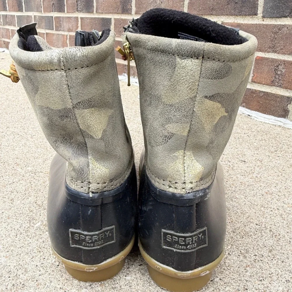 Sperry Saltwater Camo Duck Boots Womens Sz 10 Black Gold Metallic STS86694 Ankle